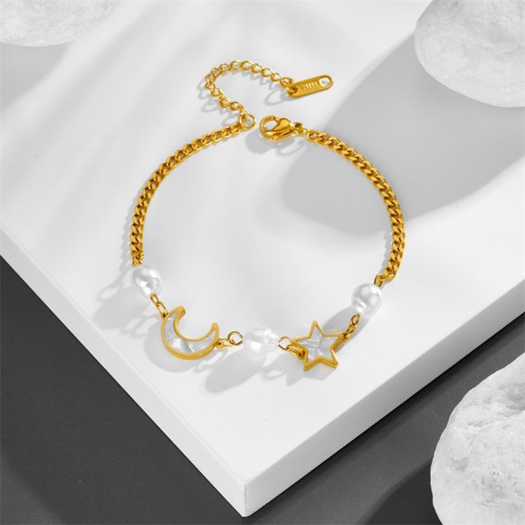 3/$35 Gold Plated Celestial Gold Charm Chain Bracelet Star Moon Pearls Stainless - Picture 5 of 7
